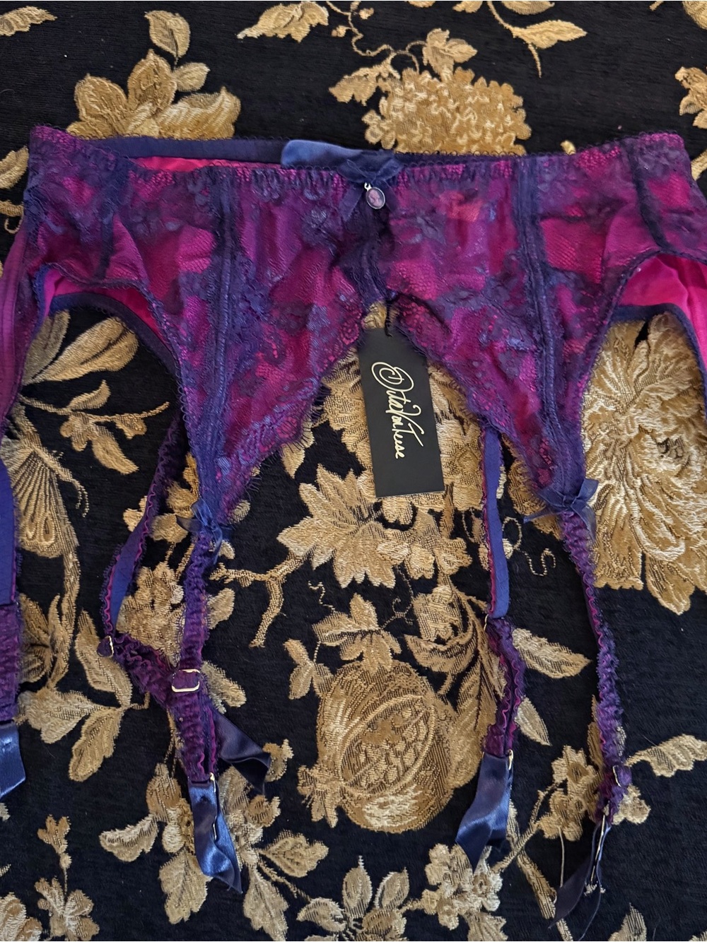 Dita Von Teese Purple and Navy Blue lace garter belt, NWT